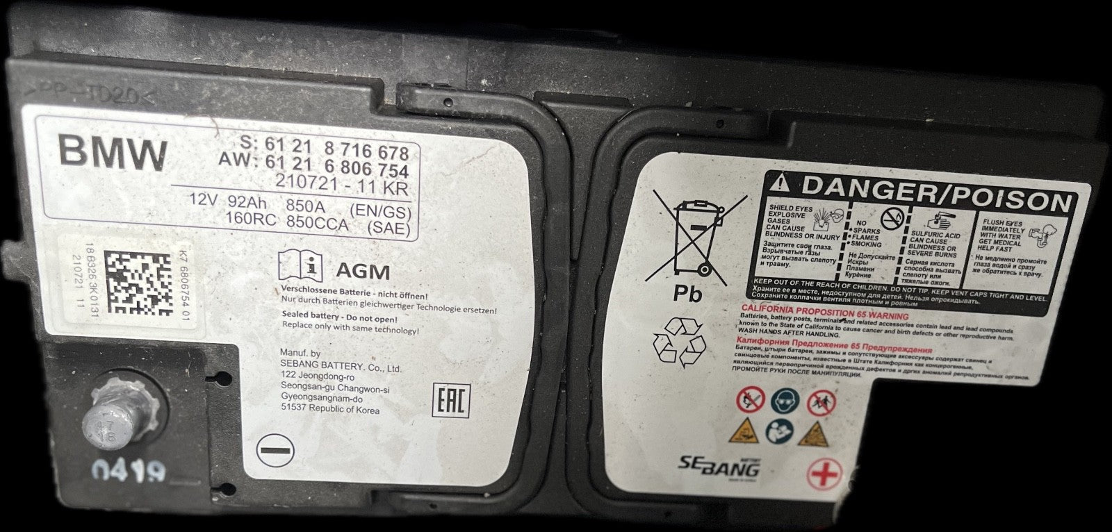 AGM Start-Stop Battery 12V 92Ah 850A – Original BMW – Year 2019